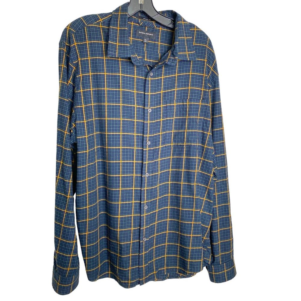 Banana Republic Mens Blue and Yellow Untucked Fit Plaid Button-Down Shirt XL